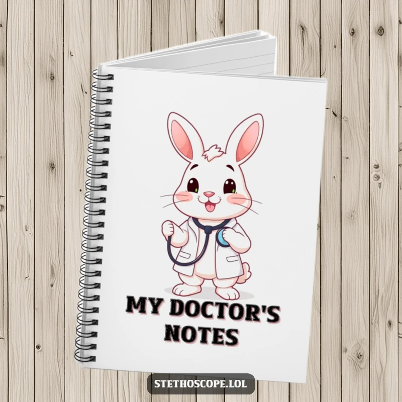 Funny happy rabbit doctor character holding a stethoscope to its chest, a cute and humorous notebook.