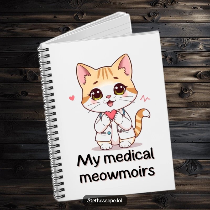 Funny cat doctor notebook, featuring a curious cat character listening to a heartbeat, for jotting down ideas.