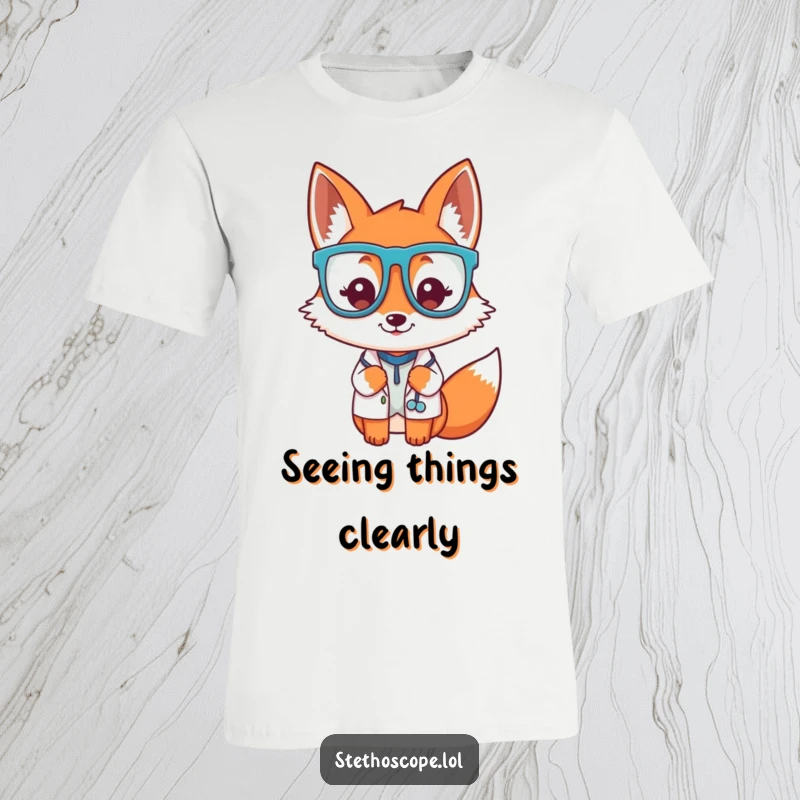 Funny playful fox doctor character wearing oversized glasses, printed on a witty and humorous t-shirt.