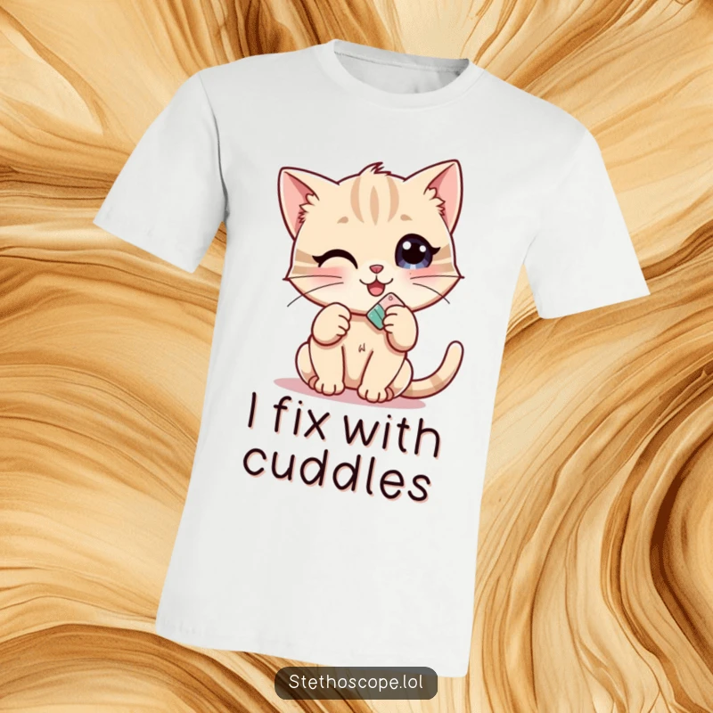 Funny Kitten Doctor T-Shirt: A cheerful kitten offering a tiny bandage, symbolizing comfort and humorous care.