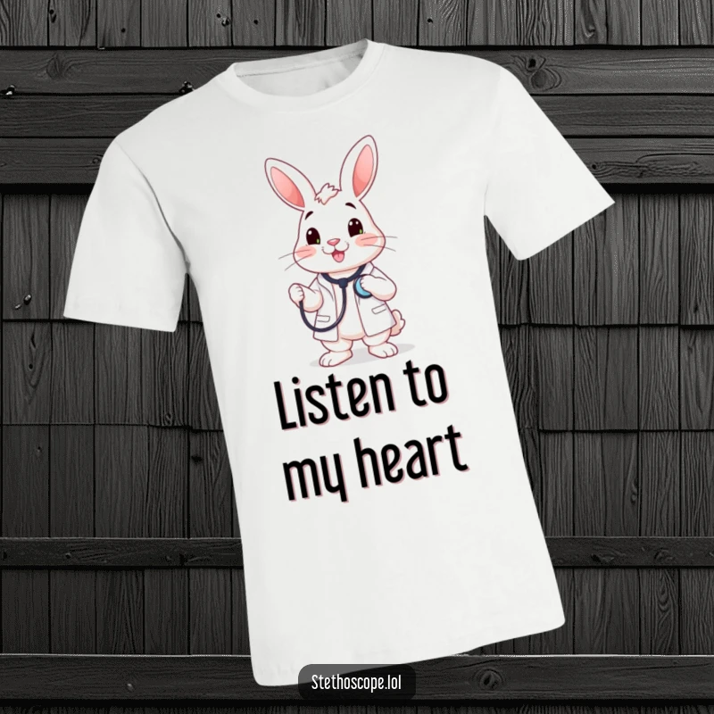 Funny happy rabbit doctor character holding a stethoscope to its chest, printed on a humorous t-shirt.