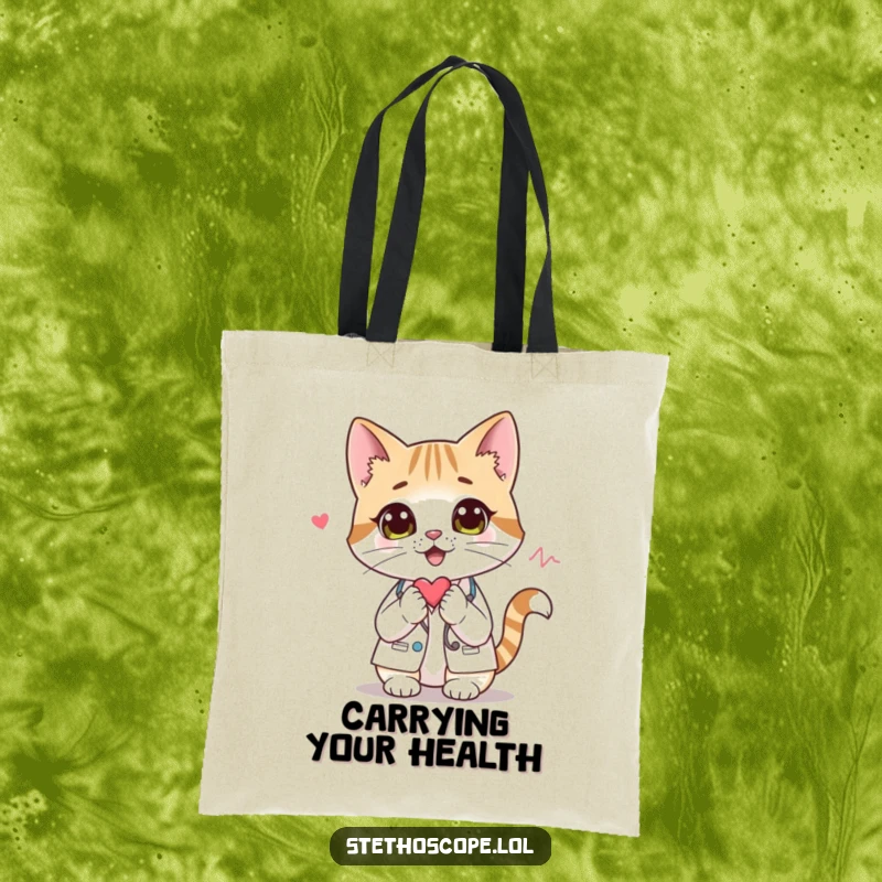 Funny cat doctor tote bag, featuring a curious cat listening to a heartbeat, practical and humorous.