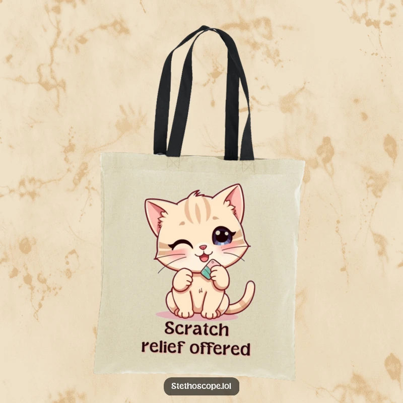 Funny Kitten Doctor Tote Bag: A cheerful kitten offering a tiny bandage, perfect for carrying daily items with a hint of humor.
