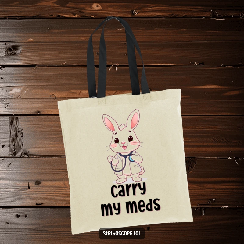 Funny happy rabbit doctor character holding a stethoscope to its chest, a practical and humorous tote bag.