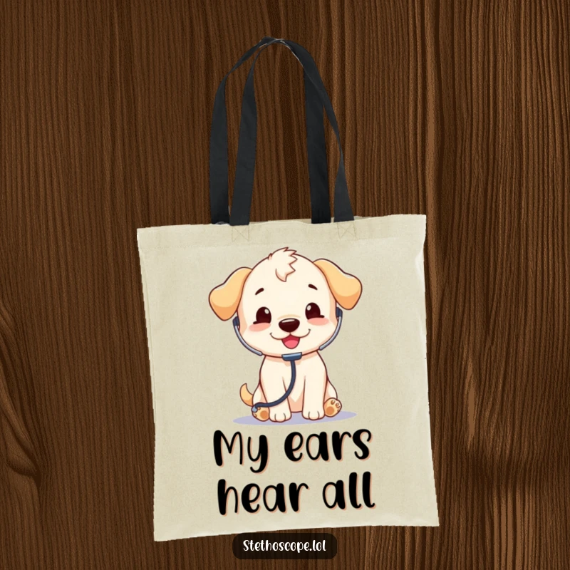 Funny Puppy Doctor Tote Bag: A happy puppy listening with a stethoscope, perfect for carrying essentials with a side of humor.